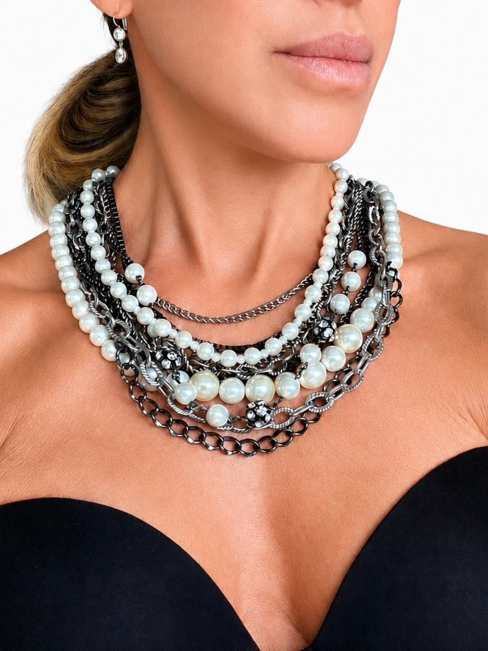Multi-Strand Pearl & Gunmetal Chain Statement Necklace